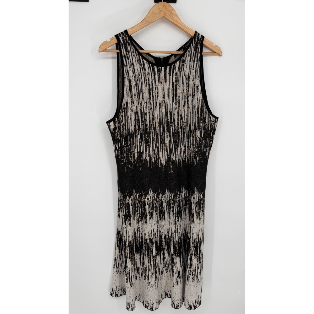 NIC+ZOE Sweater Dress Sleeveless Abstract Knit Fit Flare Black White Tan Large